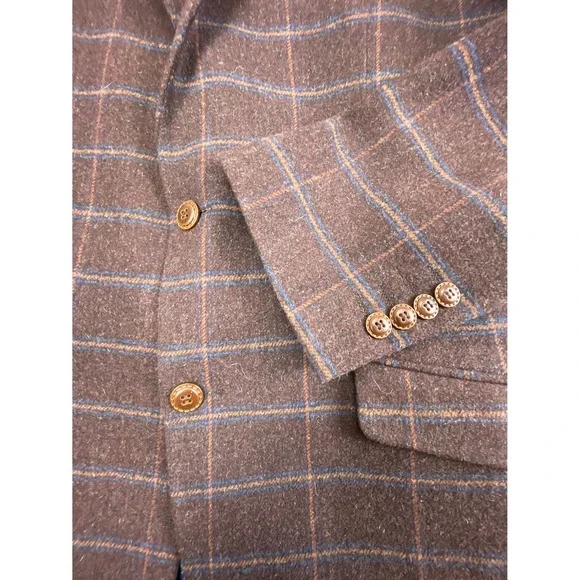 Bachrach Mens 42L Brown Tan Blue Windowpane Wool Blend Sport Coat Jacket